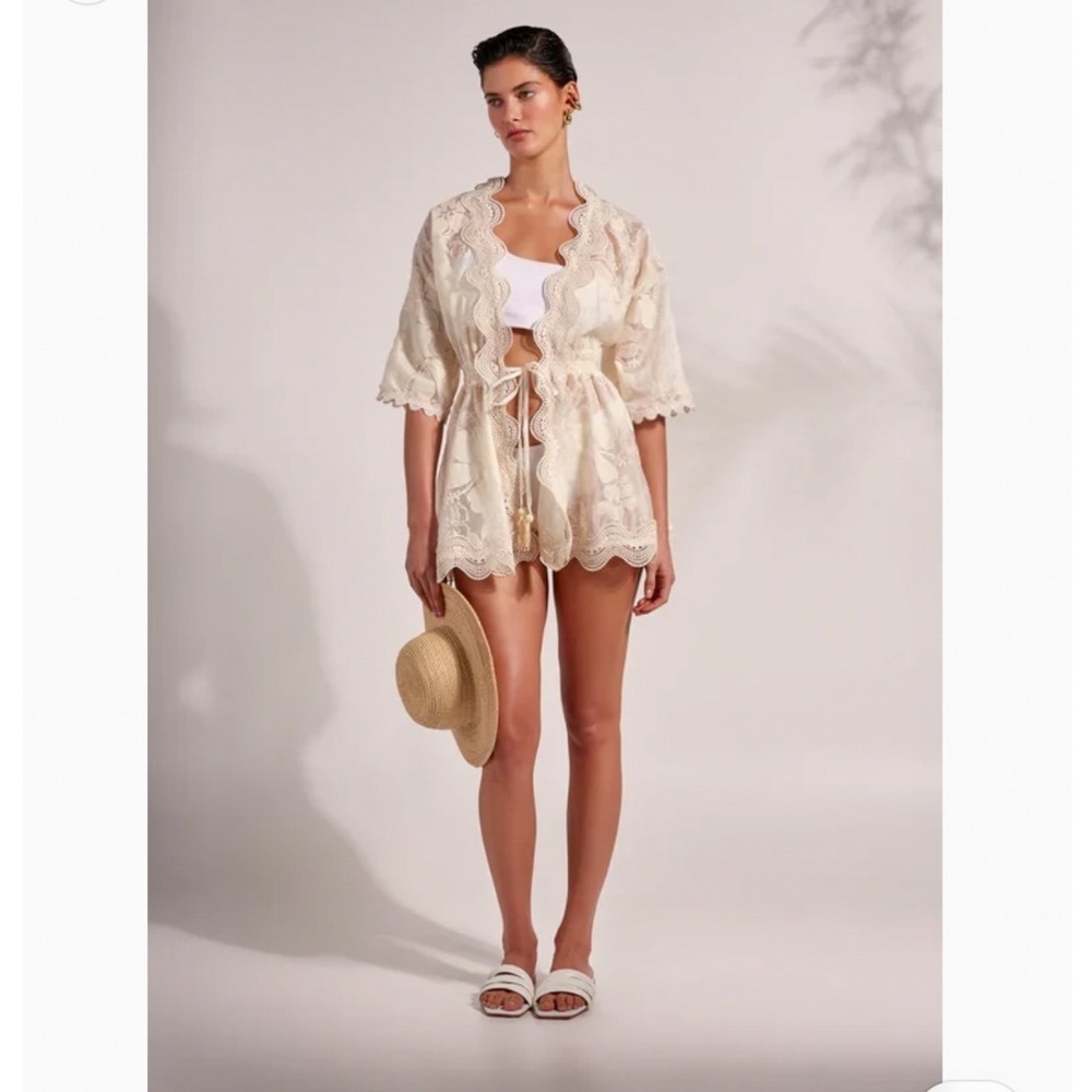 WAIMARI Ecru Kimono Lace Embroidered Cotton Beach Coverup Ivory XL NEW